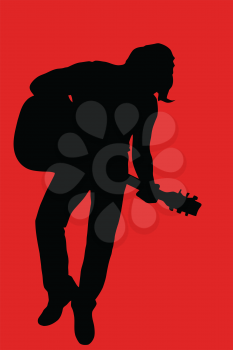 Musician (guitar player) silhouette on red background.
