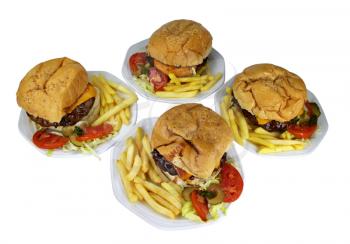 Isolated Four Cheese Burgers Combo on White Plates