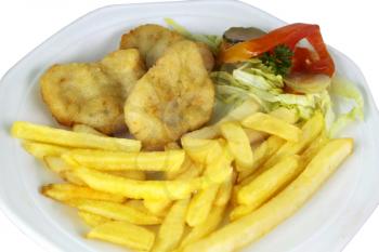 Isolated Chicken Nuggets and Fries on White Plate Close Up