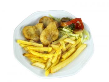 Isolated Chicken Nuggets and Fries on White Plate