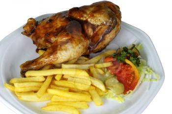 Isolated Half Chicken and Fries on White Plate Close Up