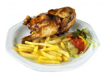 Isolated Half Chicken and Fries on White Plate