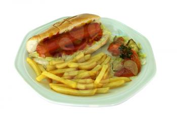 Isolated Hotdog and Fries on White Plate