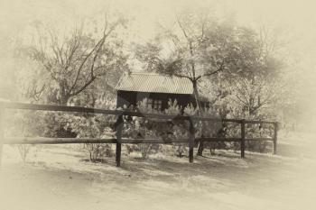 Sepia Wooden Dollhouse with Tin Roof in Garden