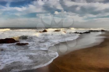 Painting of Beachfront with Rocks and Blue Skies