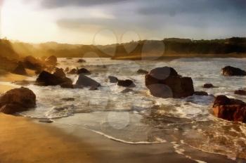 Painting of Waves and Sunset Rays Over Lagoon