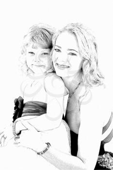 Drawing of Lovely blond mom and daughter studio photo