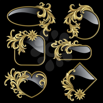 Royalty Free Clipart Image of a Set of Gold Frames on Black
