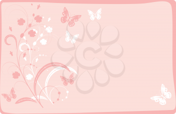 Royalty Free Clipart Image of Butterflies and Flowers on a Pink Background