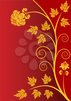 Royalty Free Clipart Image of Gold Flowers and Leaves on Red