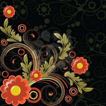 Royalty Free Clipart Image of Flowers and Flourishes on a Black Background