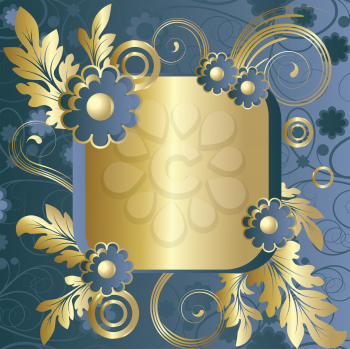 Royalty Free Clipart Image of a Gold Frame on Blue With Flowers