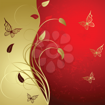 Royalty Free Clipart Image of a Butterfly Background in Red and Gold