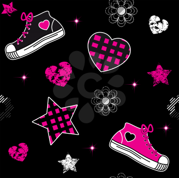 Royalty Free Clipart Image of a Background With Hearts, Stars, Sneakers and Flowers