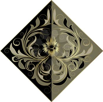 Royalty Free Clipart Image of a Black and Green Diamond With a Flower and Flourish