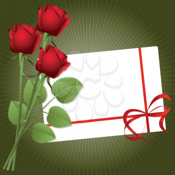 Royalty Free Clipart Image of Three Red Roses and an Envelope on a Green Background