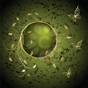 Royalty Free Clipart Image of a Green Background With an Oval Frame, Flourishes and Butterflies