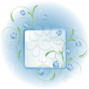 Royalty Free Clipart Image of Flowers and Swirls Against a White Frame With a Blue Border