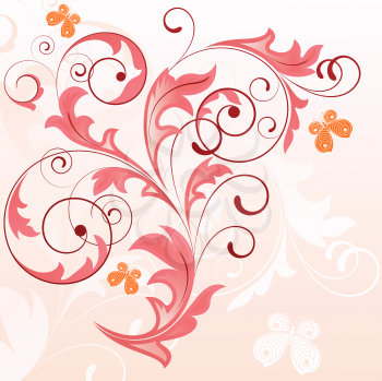 Royalty Free Clipart Image of a Pink Background With a Flourish and Butterflies