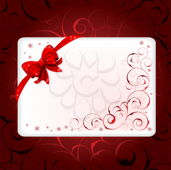 Royalty Free Clipart Image of a Christmas Background With a Card and Bow