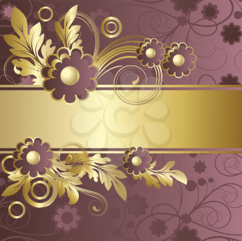 Royalty Free Clipart Image of a Floral Background With a Gold Ribbon