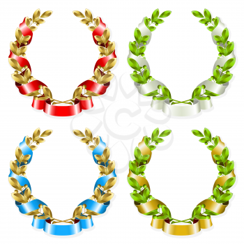Set of laurel wreaths with ribbon on the white background 