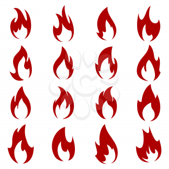 Flames of different shapes on a white background. 