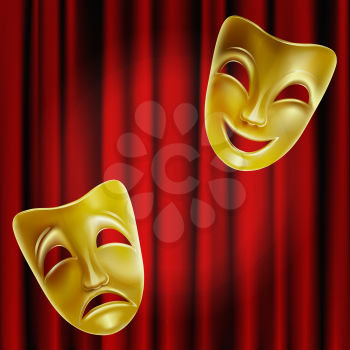Theater masks on a red background. Golden masks. Theater scene. Mesh. Clipping Mask