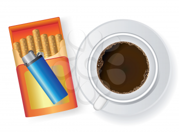 Royalty Free Clipart Image of a Cup of Coffee and Cigarettes