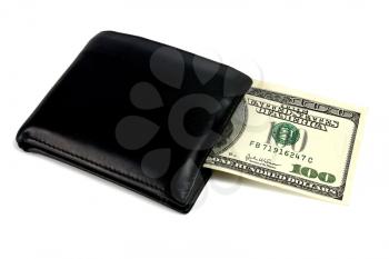 black purse and dollars isolated on white background