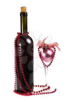 bottle with red wine and decoration for christmas isolated on white background