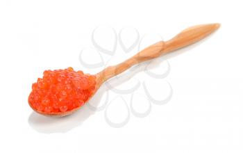 caviar red in wooden spoon solated on white background
