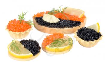 sandwich with black and red caviar isolated on white background