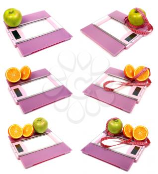 floor scales measuring ribbon apple and orange isolated on white background