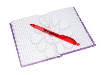 notebook with a red pen isolated on white background