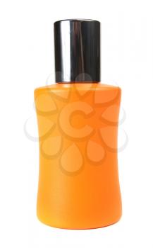 orange small bottle with a perfume liquid isolated on white background