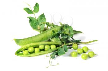ripe peas with green leaf isolated on white background