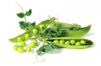 ripe peas with green leaf isolated on white background