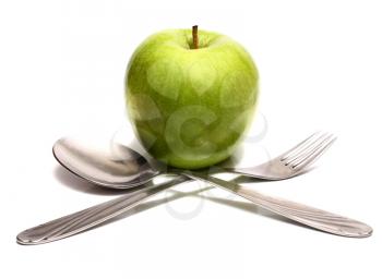 spoon fork and green apple for diet isolated on white background