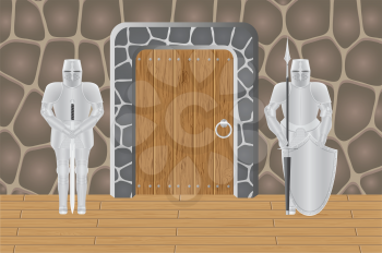 knights in castle guarding door vector illustration isolated on background