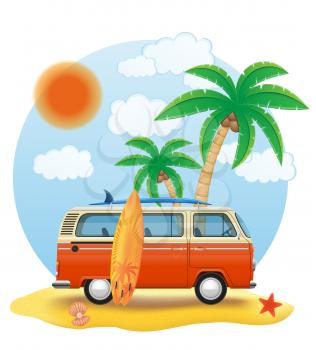 retro minivan with a surfboard on the beach vector illustration isolated on white background