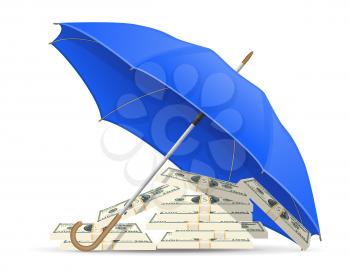 concept of protected and insured dollars umbrella vector illustration isolated on white background