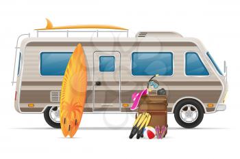 car van caravan camper mobile home with beach accessories vector illustration isolated on white background