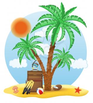 suitcase standing under a palm tree vector illustration isolated on white background