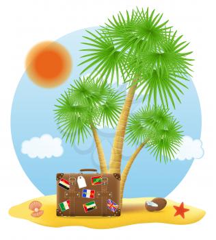 suitcase standing under a palm tree vector illustration isolated on white background