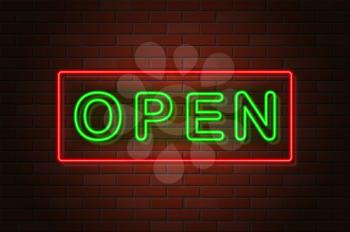 glowing neon signboard open vector illustration on brick wall background