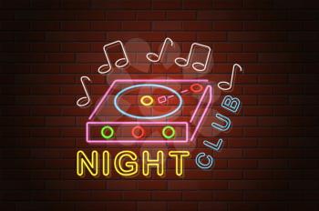 glowing neon signboard nightclub vector illustration on brick wall background