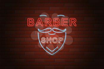 glowing neon signboard barber shop vector illustration on brick wall background