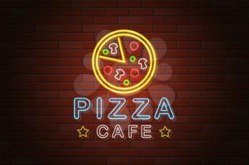 glowing neon signboard pizza cafe vector illustration on brick wall background