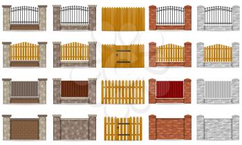 set icons fence made from wooden stone brick vector illustration isolated on white background